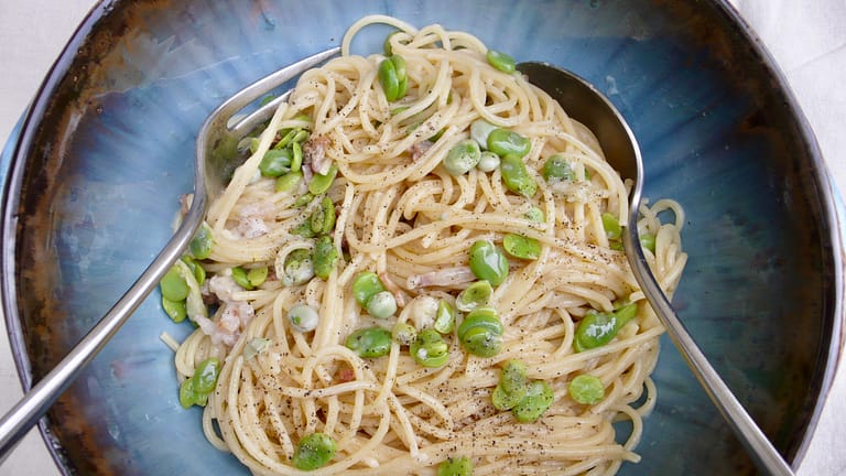 Spaghetti with fresh fava beans & guanciale
